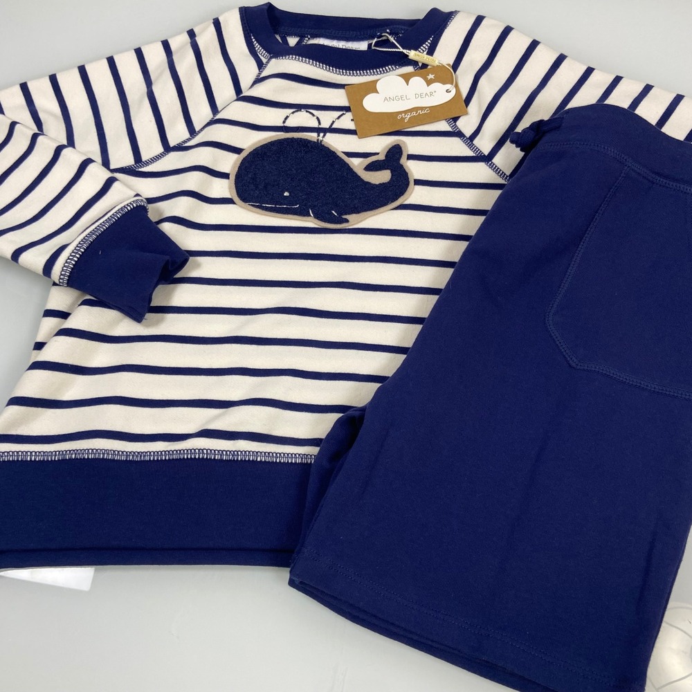 Angel Dear Boys Size 6 Navy Organic Cotton Whale Sweatshirt and Shorts Set NEW